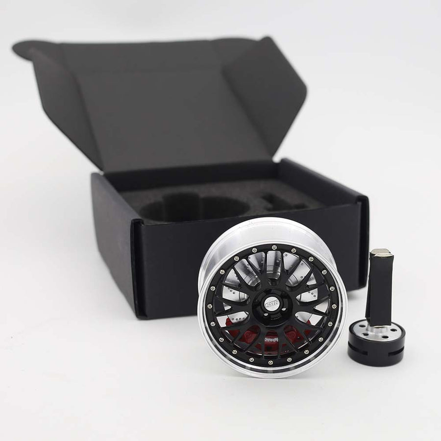 BBS E88 style mini wheel & brake caliper car air freshener on vent clip, front face view – RimLabs