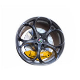 Alfa Romeo Quadrifoglio style mini wheel & brake caliper car air freshener on vent clip, front face view – RimLabs