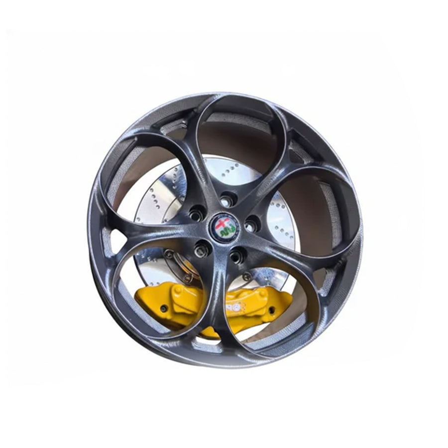 Alfa Romeo Quadrifoglio style mini wheel & brake caliper car air freshener on vent clip, front face view – RimLabs