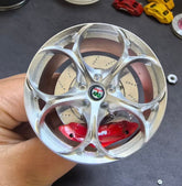 Alfa Romeo Quadrifoglio style mini wheel & brake caliper car air freshener, angled view showing brake caliper and spokes – RimLabs