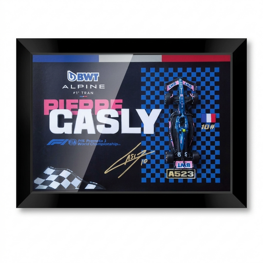 Alpine A523 3D F1 circuit shadowbox wall art, 32x23cm horizontal, matte black frame on white background
