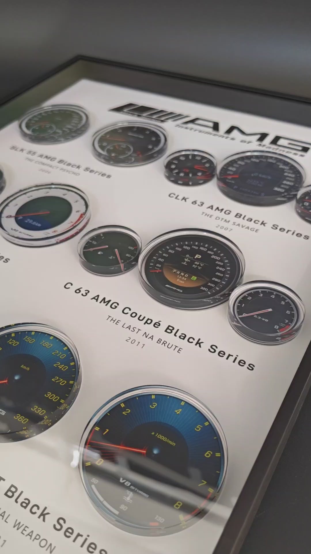 AMG Black Series Gauge Cluster Wall Art, framed 3D layered gauge wall art in matte-black frame, in-frame view – RimLabs