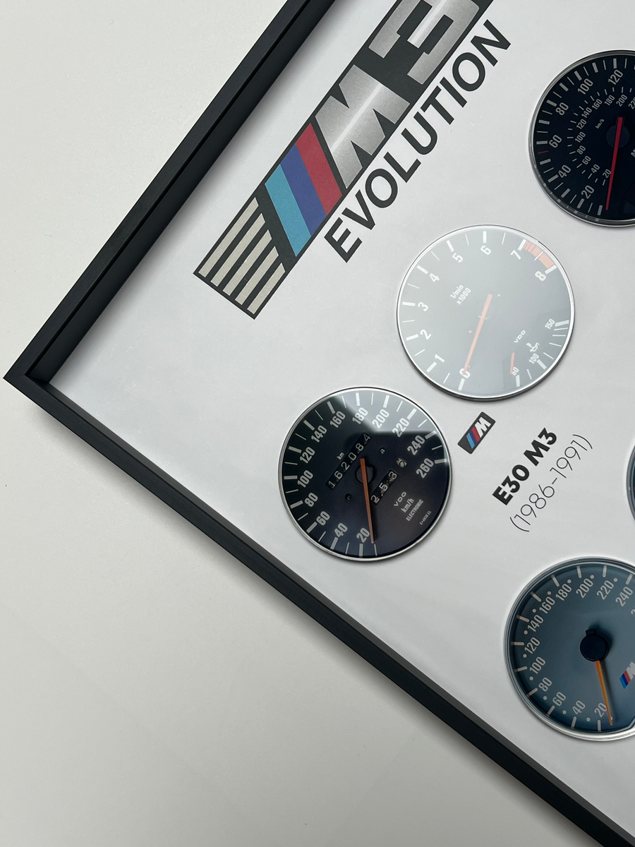 BMW M3 3D Gauge Wall Art, framed 3D layered gauge wall art in matte-black frame, front view – RimLabs