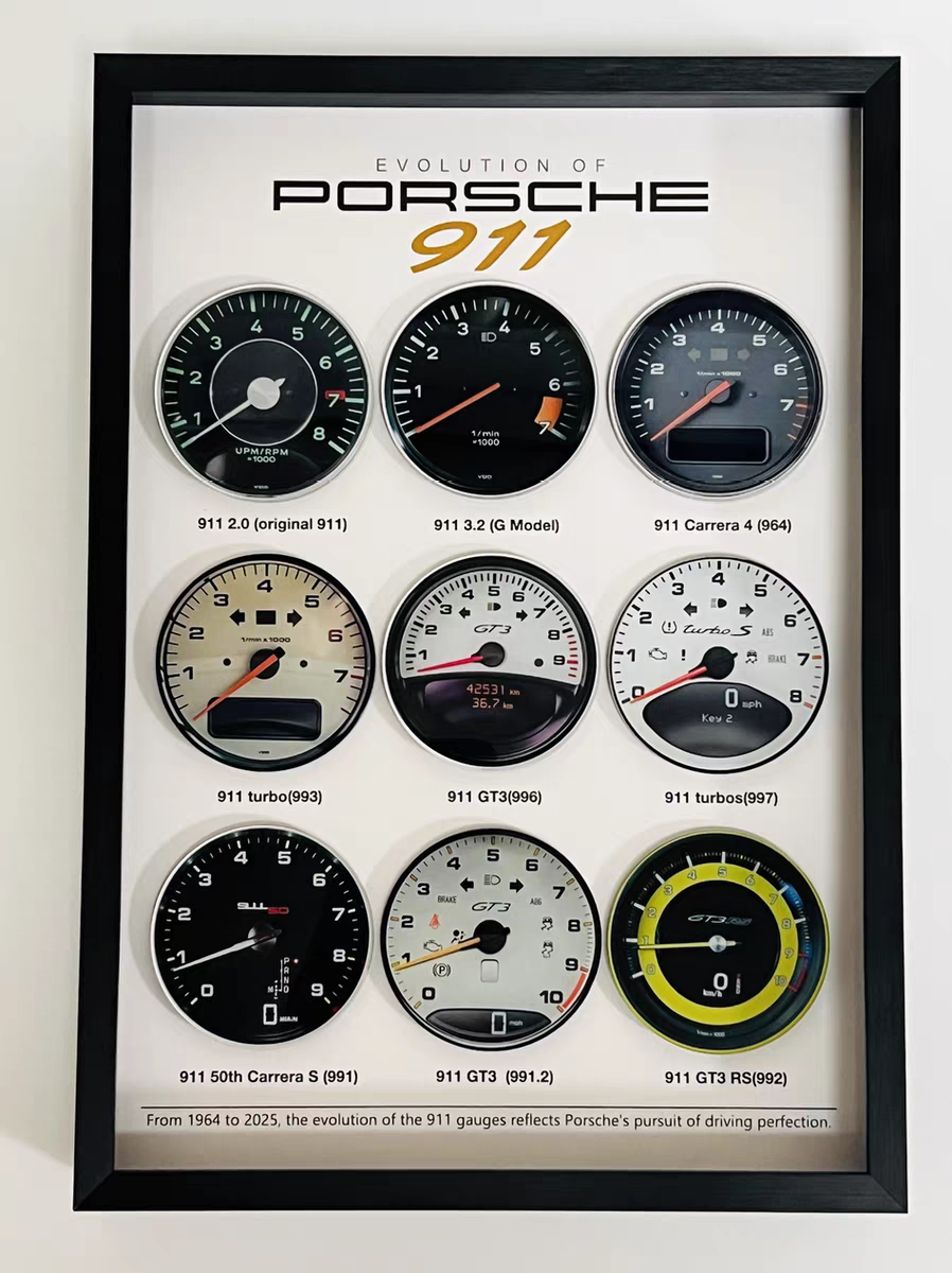 Porsche 911 3D Gauge Wall Art, framed 3D layered gauge wall art in matte-black frame, front view – RimLabs